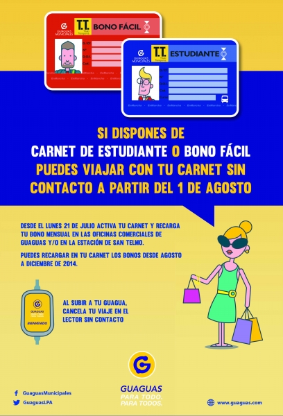 Guaguas Municipales implanta la tarjeta inteligente sin contacto para el Bono Fácil y Bono Estudiante a partir de agosto 